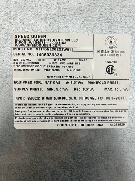 2014 Speed Queen STT45NLCG2G2W01, 45lb x 2