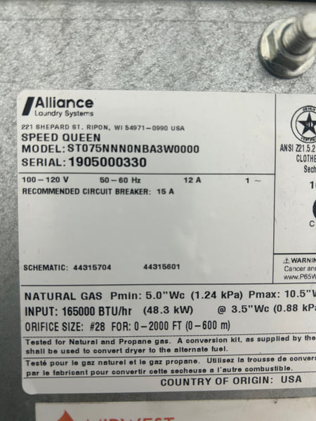 2019 Speed Queen ST075NNNONBAW0000, 75lb OPL