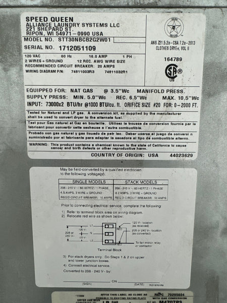 2017 Speed Queen STT30NBCB2G2W01, 30lb x 2