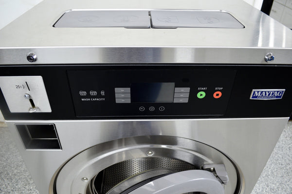 Used Maytag commercial vended washer control close up