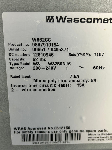 2011 Wascomat W662CC, 62lb
