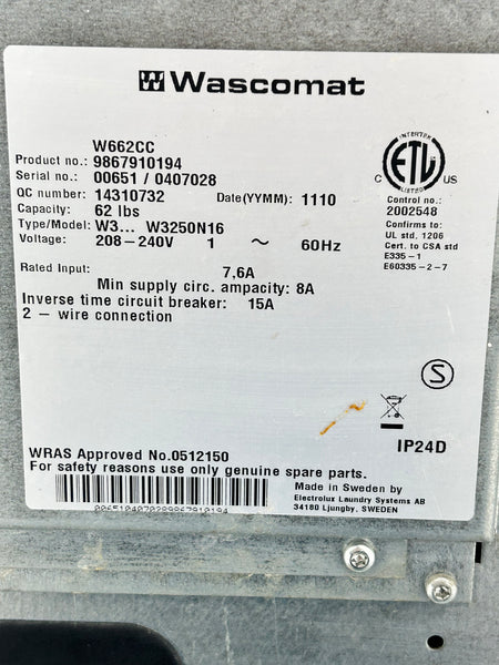 2011 Wascomat W662CC, 62lb