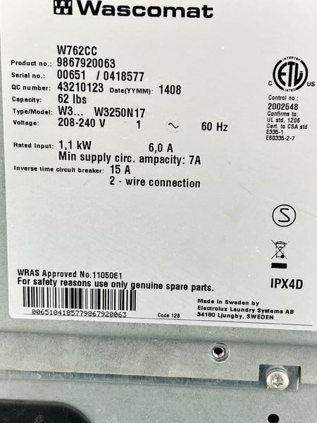 2014 Wascomat W762CC, 62lb