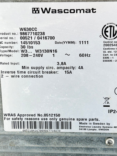 2011 Wascomat W630CC, 30lb